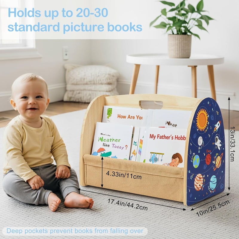 SheSeek Toddler Bookshelf Double-Sided with 4 Tier Deep Sleeves Kids Wooden Montessori Book Rack for Baby Nursery Room, Playroom, Classroom or Bedroom Bookcase Storage Organizer, Blue Astronaut - Image 4